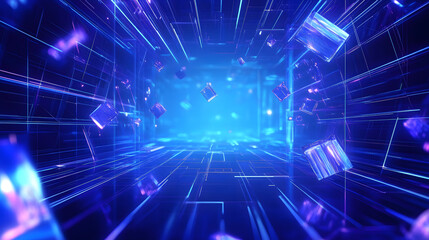 Obraz premium Futuristic blue digital space with glowing lines and abstract patterns, ideal for technology-related projects and presentations.
