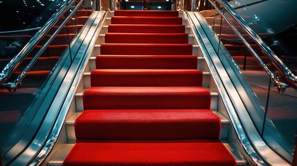 Luxury red carpet on airport stairs leading to a private jet aircraft. Airplane on airport red carpet stairs, 4k image
