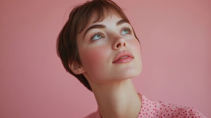 Fototapeta premium Woman with short hair and a pink dress is looking up at the camera. She has a bright, confident expression on her face