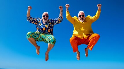 Two men in Hawaiian shirts and shorts are jumping in the air. Scene is happy and carefree