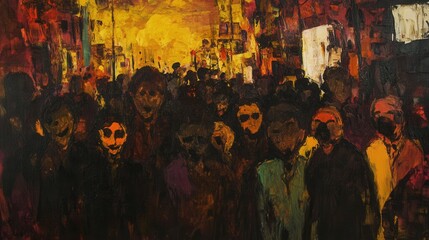 Fototapeta premium Expressionist painting of a crowded urban street, distorted figures, intense colors