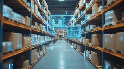 Fototapeta premium Modern warehouse, shelves filled with paper boxes, scanning data