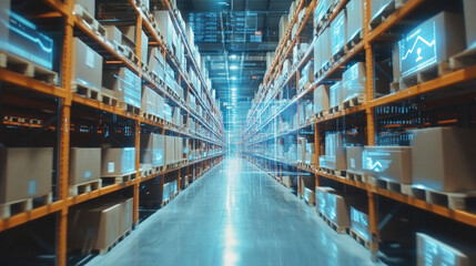 Modern warehouse, shelves filled with paper boxes, scanning data