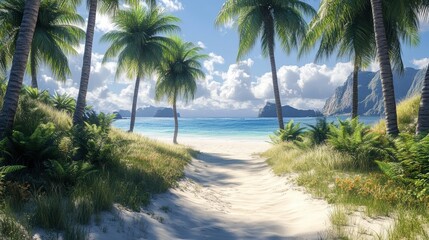 Obraz premium Winding beach pathway surrounded by majestic palm trees in high fidelity