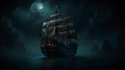 Fototapeta premium A haunted vintage pirate ship in the ocean through the darkness.