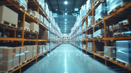 Fototapeta premium Modern warehouse, shelves filled with paper boxes, scanning data