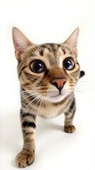 Obraz premium Generative AI, Close-up of a Munchkin cat with short legs and large eyes against a white background