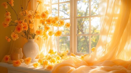 Yellow flowers in a white vase on a window sill with sheer curtains and sunlight streaming through the window.