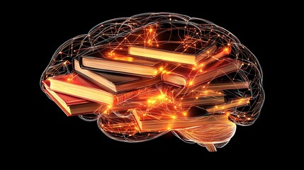 Abstract digital brain with glowing books and interconnected lines, representing the convergence of learning and technology in education
