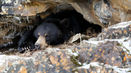 A bear hibernating in a cave during the winter months
