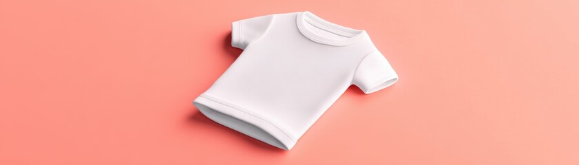 White baby shirt lying flat on a vibrant coral background, emphasizing its soft texture and clean, modern babywear design.