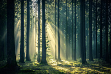 Naklejka premium Misty forest with sunlight filtering through the tall trees. Generative AI