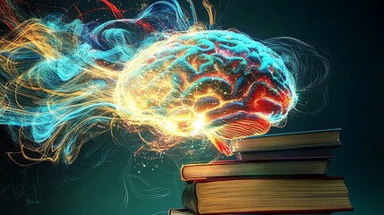 Abstract digital brain with books and light effects, symbolizing knowledge and the integration of technology into learning