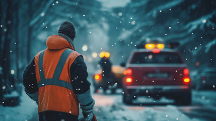 Fototapeta premium City worker in an orange vest standing on a snowy street during heavy snowfall, with cars and city lights blurred in the background, symbolizing winter work and urban resilience