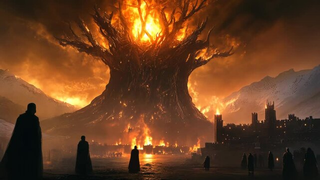 A large tree burns brightly in the center of a city, casting an orange glow on the surrounding buildings and figures