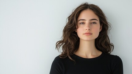 Fototapeta premium Young Woman with Wavy Hair Against Light Background