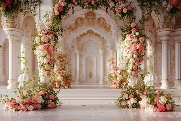 A grand white archway adorned with flowers generative AI	
