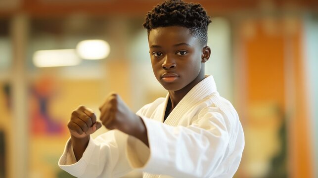 exercising, active and healthy lifestyle, self-defense. young african american teen in training gi standing in martial art stance, ready to fight and attack. - Powered by Adobe