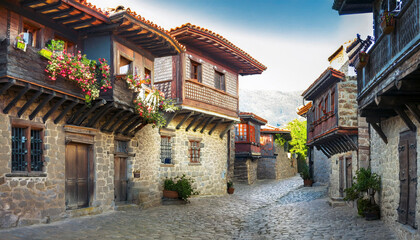 Obraz premium Historical houses built with wooden and stone architecture in Turkey. Tourism geography texture with bay window structure, narrow streets, stone pavements, engraved windows and ivy flowers.
