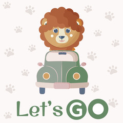 Baby lion driving toy car kids room wall art. Nursery poster with Let's go text