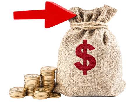 a bag of money with a red arrow pointing to a stack of coins