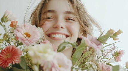Fototapeta premium Joyful Young Woman Surrounded by Colorful Flowers