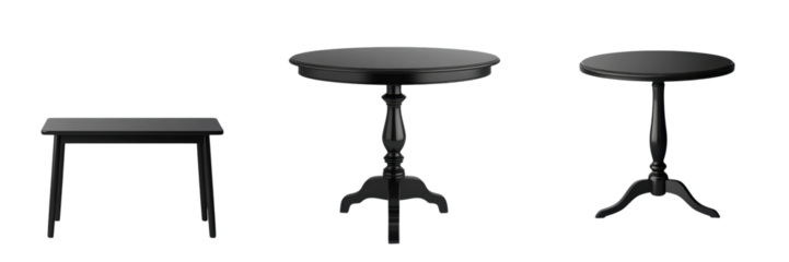 Elegant black round pedestal dining table with wooden top in a modern minimalist home interior design setting  The table is the focal point of the room surrounded by minimal decor and furnishings