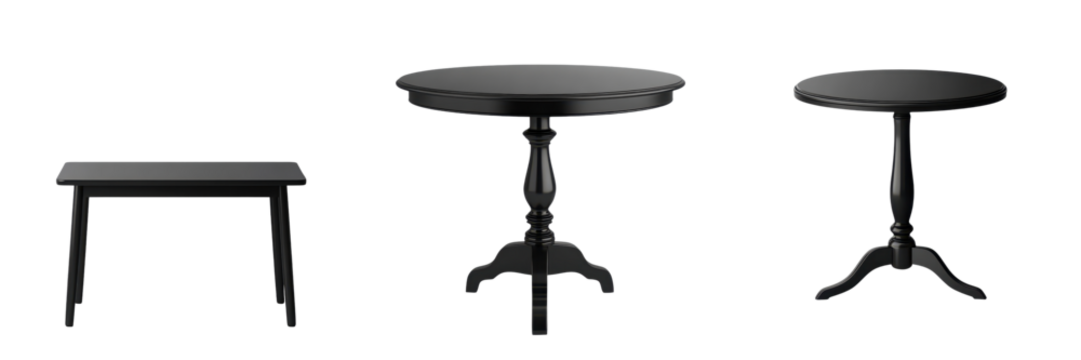 Elegant black round pedestal dining table with wooden top in a modern minimalist home interior design setting  The table is the focal point of the room surrounded by minimal decor and furnishings