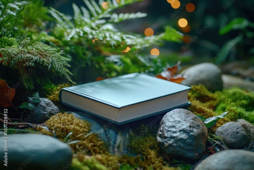 Poster a book resting on moss and stones in a forest setting