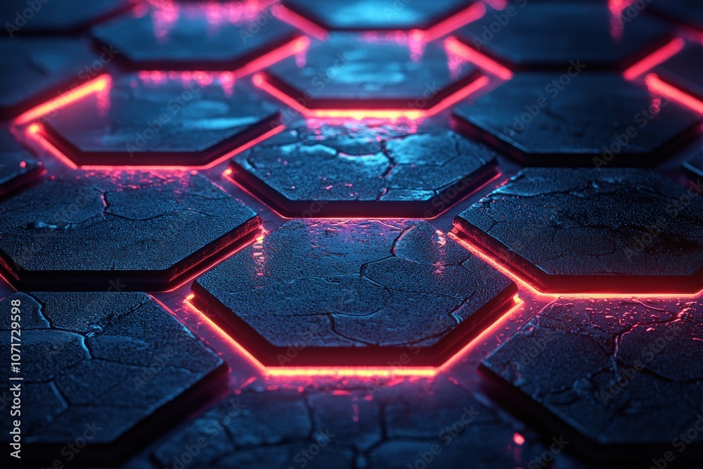 Poster abstract red and blue neon glowing hexagon pattern