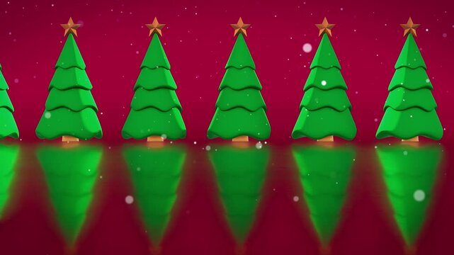 4k animation of 3d cute Christmas tree in snow background. New Year Christmas trees on festive red background, Christmas pattern of trees with stars and falling snow, concept of Happy New Year 2025