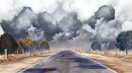 Dramatic Storm Clouds over a Rural Desert Highway with Trees
