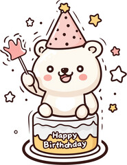 Fototapeta premium Birthday cake with teddy bear clip art, hand-drawn, isolated on transparent background, digital illustration for birthday, celebration, party, decoration, and creative projects.