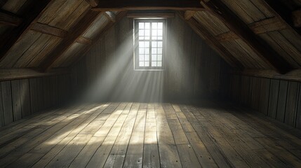Sunlight streams through a window in an empty attic, illuminating the wooden floor and creating a sense of mystery and nostalgia.