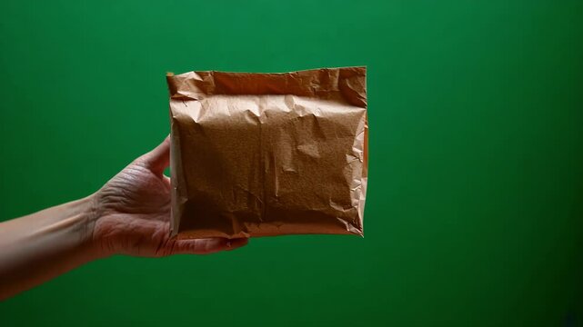 Person is holding a brown paper bag against a green screen background, perfect for compositing or adding your own design