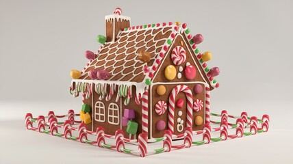 3d Cartoon gingerbread house with candy decorations on isolate	
