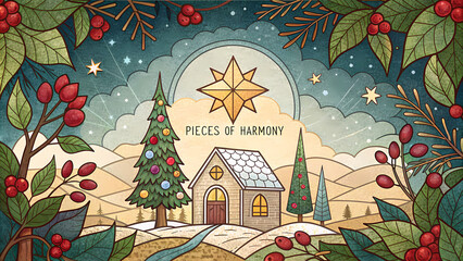 Pieces of Harmony Stained Glass with Chapel and Holly