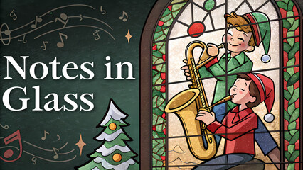 Obraz premium Notes in Glass Kids Playing Saxophone in Stained Glass