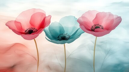 Obraz premium Three delicate poppy flowers in pink, blue, and white hues with a soft, hazy background.