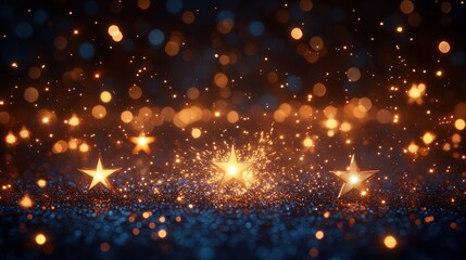 Three gold stars on a dark blue glittering background with bokeh lights.