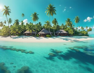 Obraz premium Beach with palm trees and beautiful beach with white sand and clear water. Tropical island resort stock image.