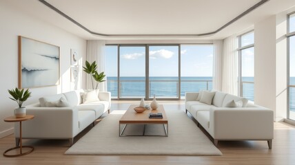 A modern living room with white couches and a wooden coffee table overlooks the ocean from a high-rise building