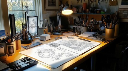 A jewelry designer workspace featuring tools, gemstones, and unique sketches, illustrating the precision needed to create timeless pieces.