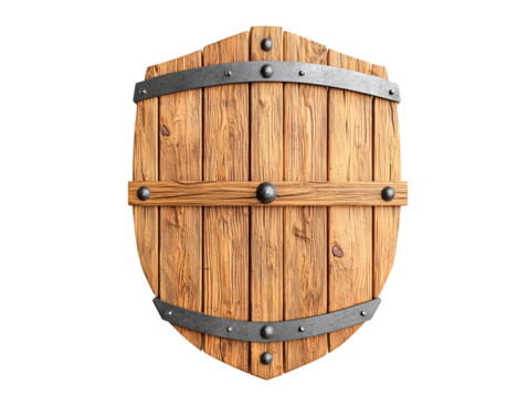 a wooden shield with metal rivets
