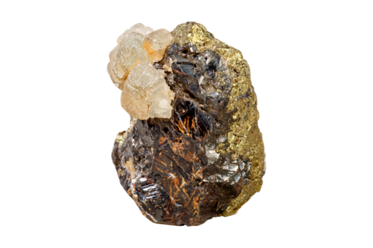 Sphalerite with fluorite mineral stone and pyrite on a white background close up.