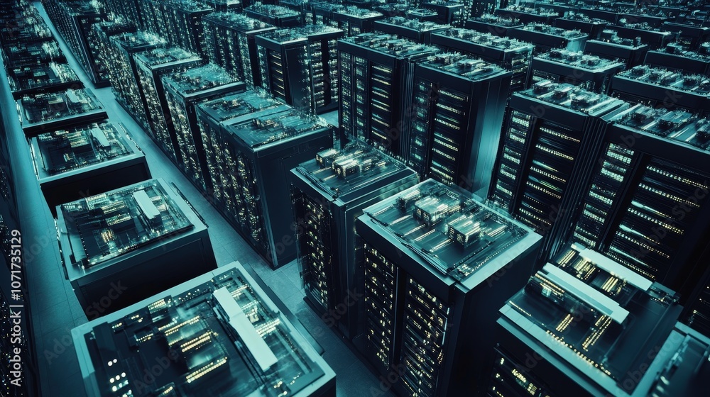 Poster a large data center filled with rows of powerful servers processing vast amounts of information