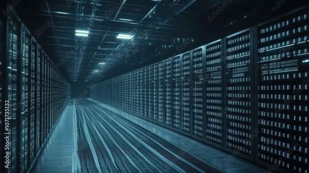 Poster a large data center filled with rows of powerful servers processing vast amounts of information