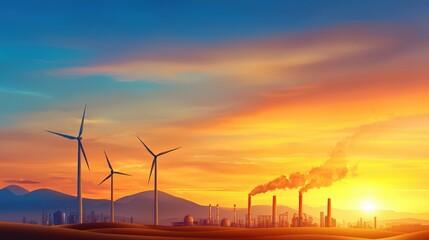 Obraz premium A wind farm is shown in the distance with a beautiful sunset in the background
