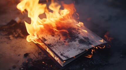 Flames engulf a notebook, transforming its pages to ashes, symbolizing destruction and the impermanence of ideas in a dramatic visual.