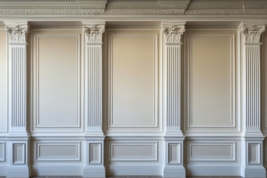 Elegant white wall with pilasters and molding, perfect for showcasing your artwork or products. Classic style, symmetrical design, and a neutral background offer a timeless and sophisticated backdrop.
